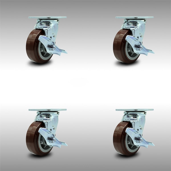 5 Inch SS Polyurethane Swivel Caster Set with Ball Bearings and Brakes SCC